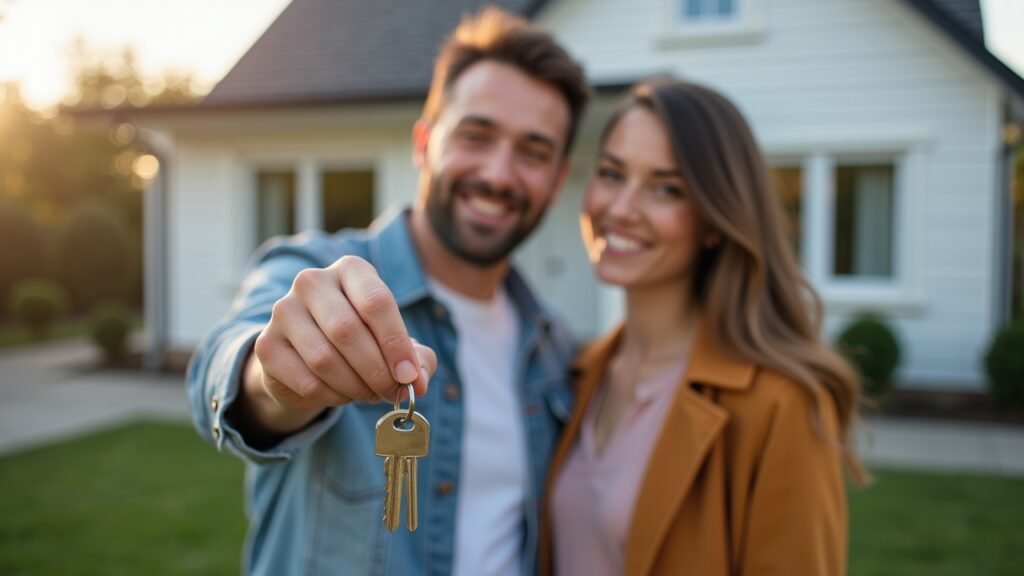Happy couple with house